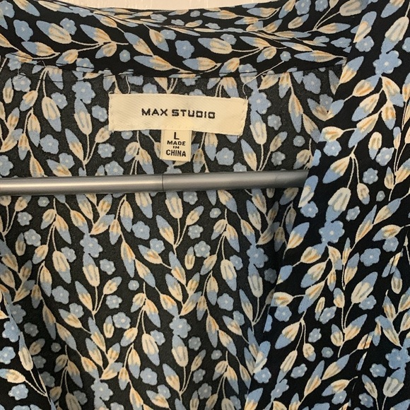 Max Studio black‎ blue dresss tie front neck sz L elastic waist midi fit & flare - Picture 3 of 14